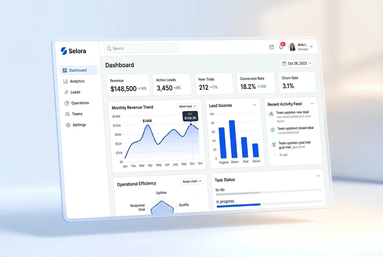 Selora business operating system dashboard showing CRM pipeline, revenue metrics and team activity